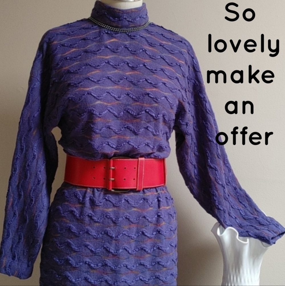 Vintage 80s Purple Long Shift Dolman Sleeves Dress with Texture - Picture 5 of 16